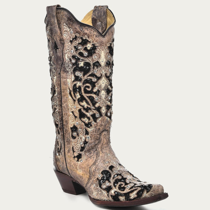 Corral Women's Black Glitter Inlay Crystal Snip Toe Cowboy Boots by SuitUSA