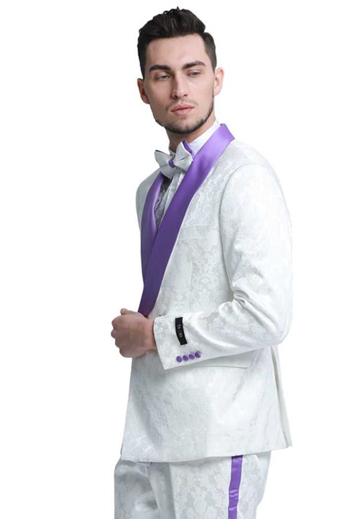 Paisley Men's Slim Fit Double Breasted Smoking Jacket - White & Purple Wedding Tuxedo by Tazzio