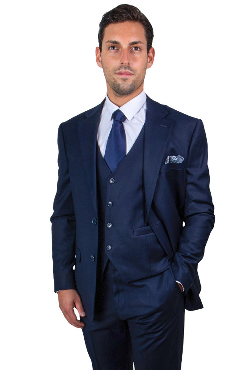 Men's Classic Design Vested Stacy Adams Suit in Navy Blue