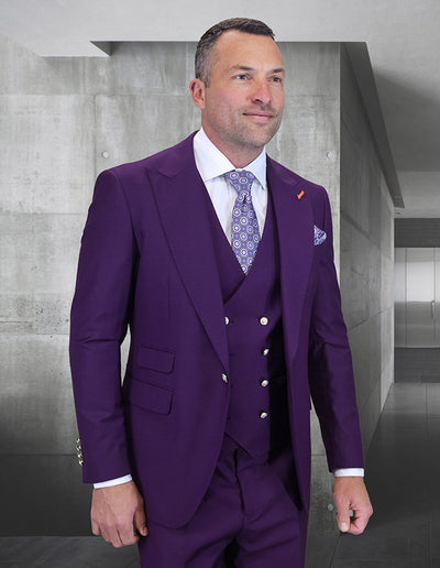 Statement Men's 3 Piece Modern Fit Wool Plum DB Vest Suit Amiri