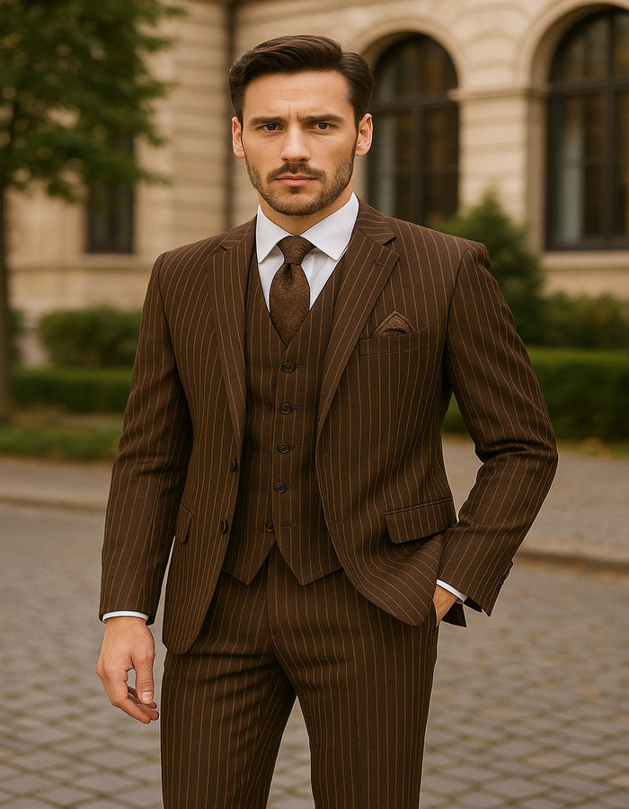 Men's Brown Pinstripe 3-Piece Suit with Matching Vest - Classic Fit Business and Formal Attire by USA Men's Outlet