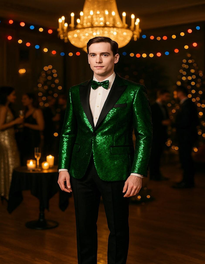 Men's Green Sequin Tuxedo Jacket with Black Satin Lapel and Bow Tie - Sparkling Party and Stage Blazer By Alberto Nardoni USA Men's Outlet