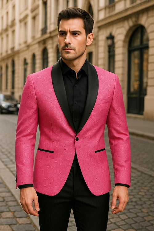 Men's Hot Pink Tuxedo Suit With Black Pants Paisley Patter with Black Men's Hot Pink Tuxedo Suit With Black Pants Paisley Patter with Black