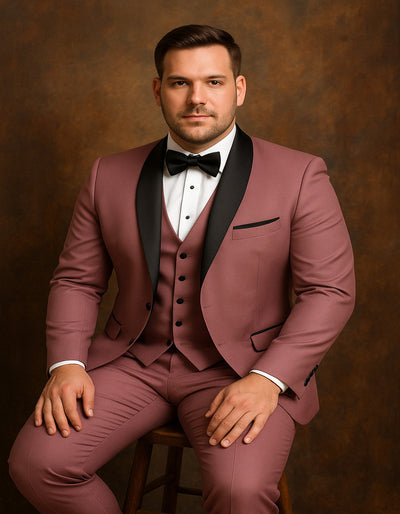 Men's Mauve Pink Tuxedo Suit – 3-Piece Slim Fit with Black Satin Shawl Lapel