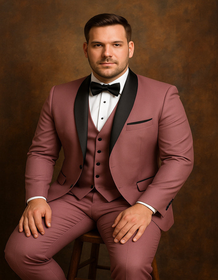 Men's Mauve Pink Tuxedo Suit - 3-Piece Slim Fit with Black Satin Shawl Lapel by USA Men's Outlet