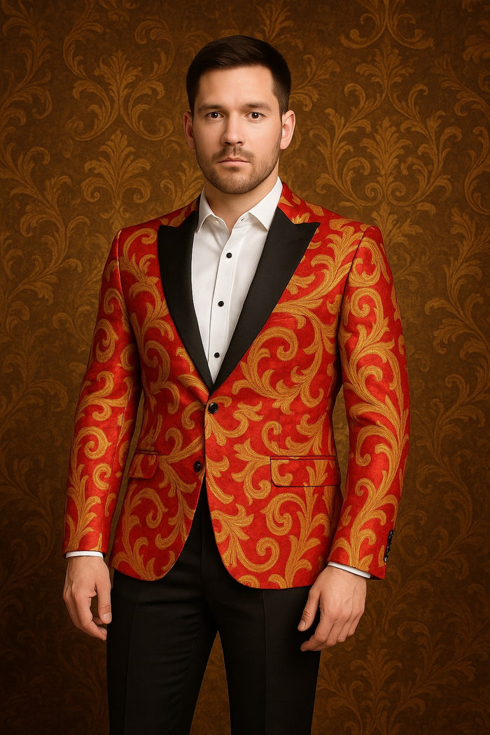 Men's Red and Gold Baroque Tuxedo Jacket with Black Satin Shawl Lapel by USA Men's Outlet