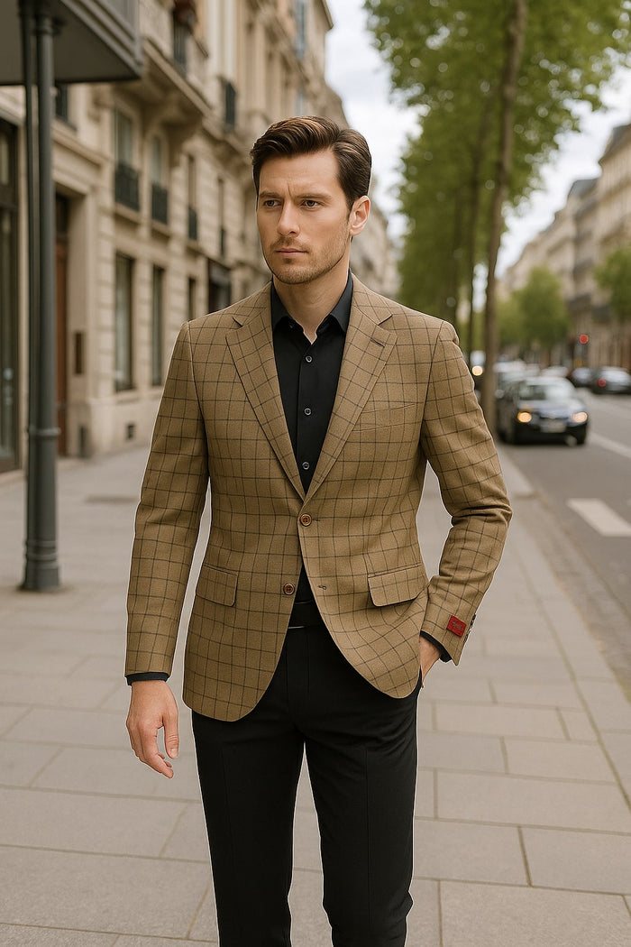 Men's Tan Plaid Blazer - Windowpane Checkered Taupe Colar with Conservative burgunsih Pattern Mix Perfect For Business by USA Men's Outlet