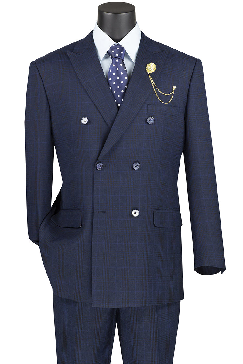 Navy Blue Double Breasted Plaid Suit for Men