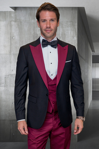 Men's Contrast Peak Lapel Wool Tuxedo in Black & Burgundy
