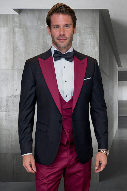Men's Contrast Peak Lapel Wool Tuxedo in Black & Burgundy