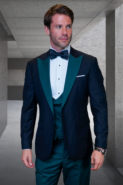 Men's Contrast Peak Lapel Wool Tuxedo in Black & Hunter Green