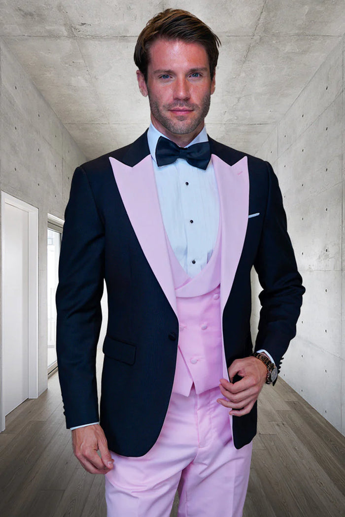 Men’s Black and Pink Wool Tuxedo - Designer Vested Tuxedo with Contrast Satin Peak Lapel for Wedding & Prom by USA Men's Outlet