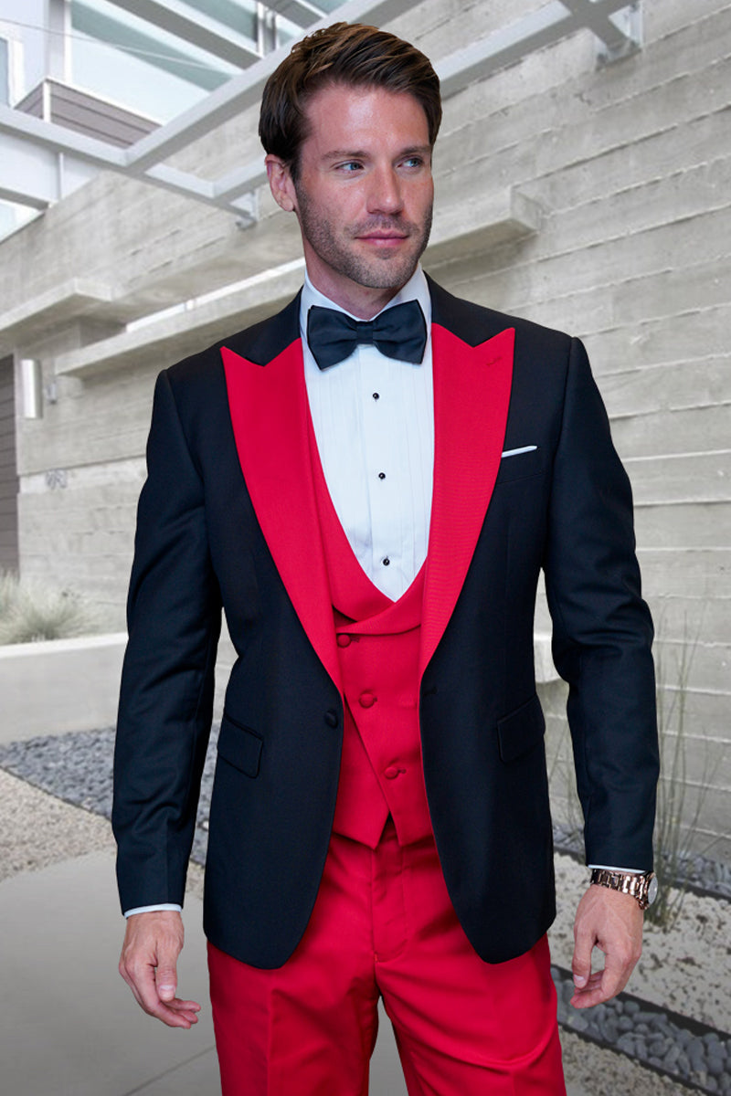 Men's Contrast Peak Lapel Wool Tuxedo in Black & Red