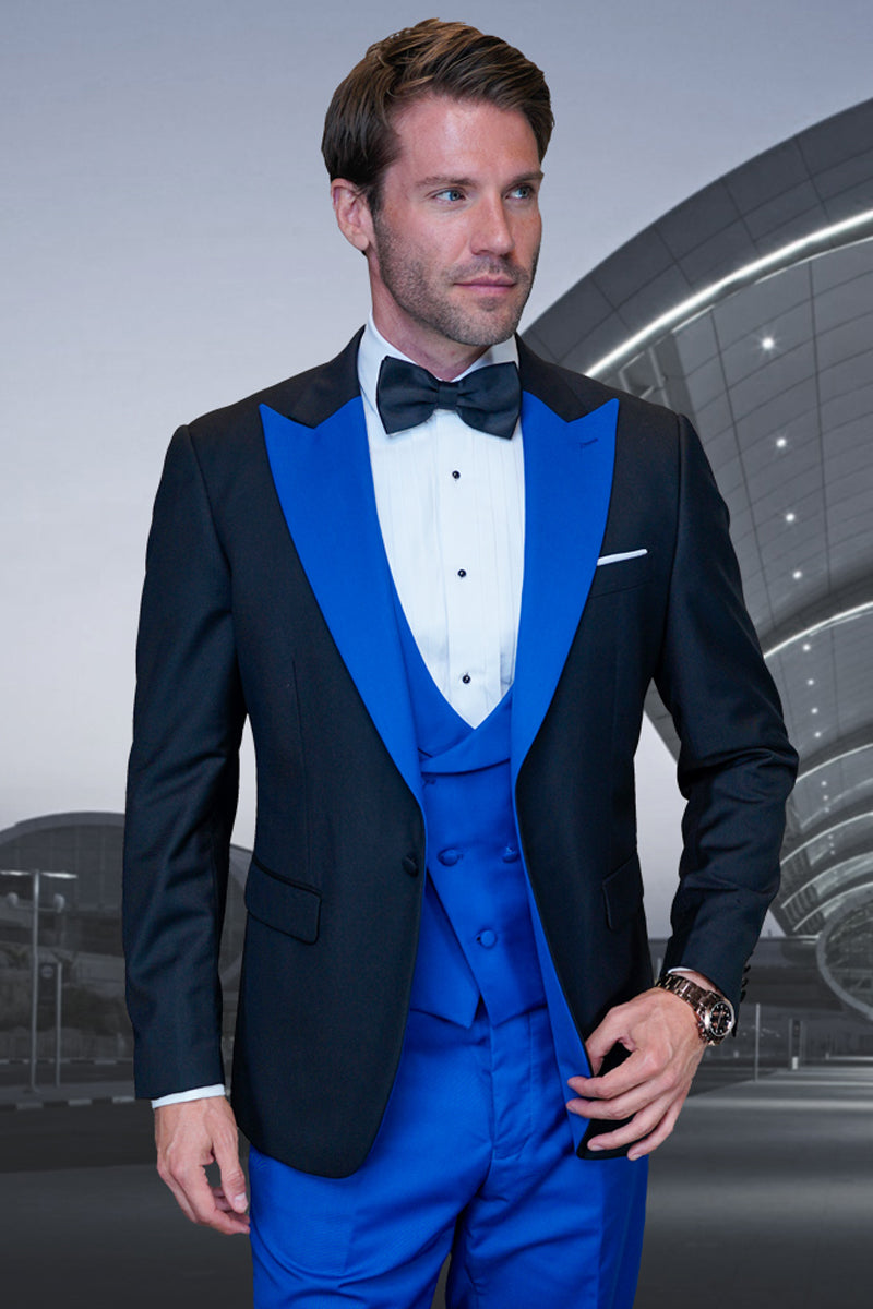 Men's Contrast Peak Lapel Wool Vested Tuxedo