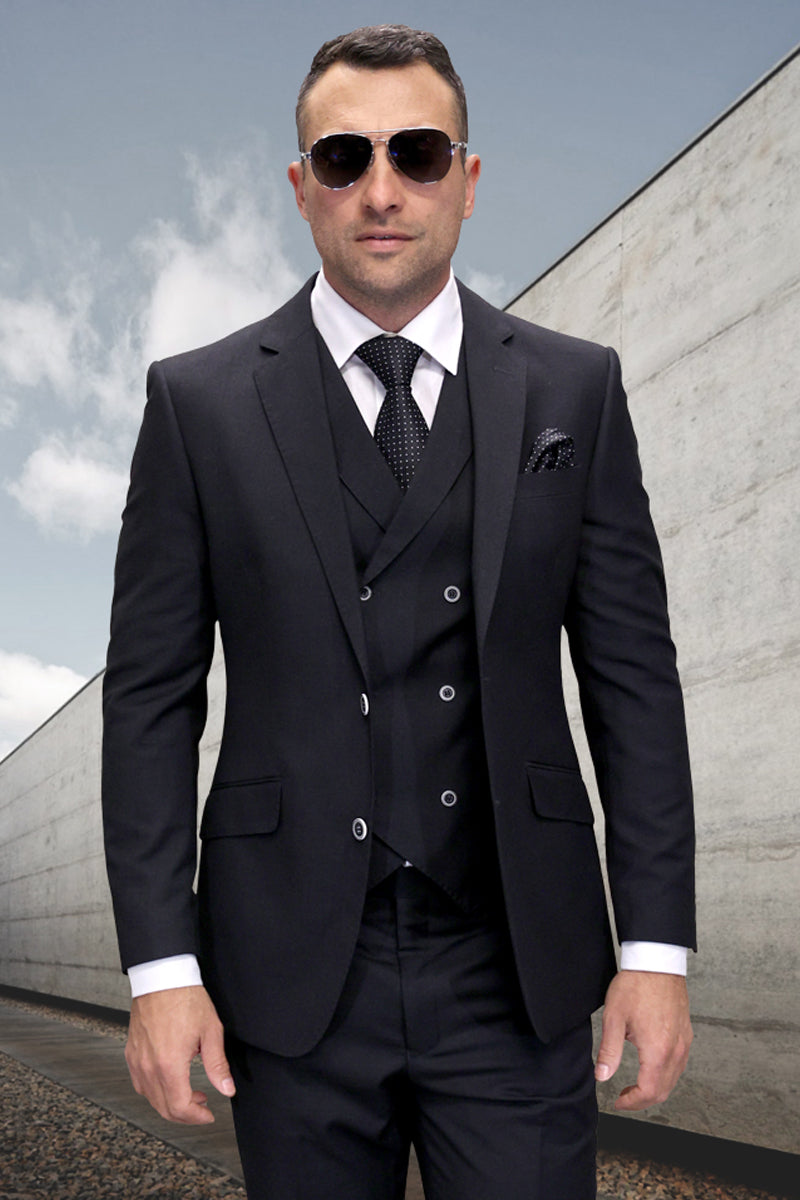 Men's Modern Charcoal Wool Suit with Vested Windowpane Design – SuitUSA