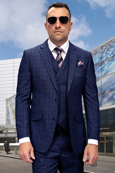 Men's Modern Sapphire Blue Windowpane Suit by Statement Suits