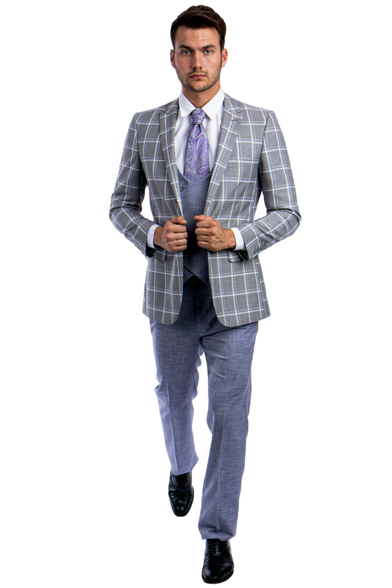 Men's Grey & Blue Windowpane Suit with Double Vest