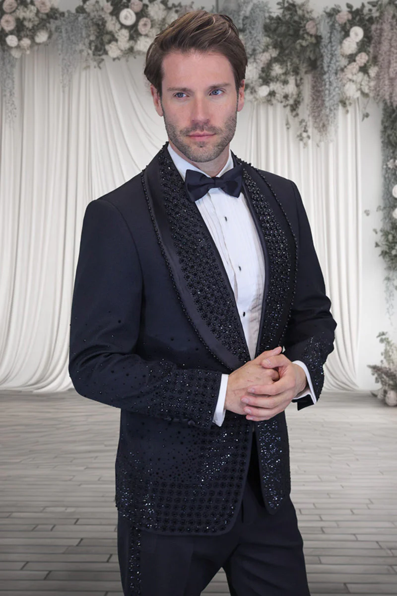 Mens Designer Black Flower Rhinestone Studded Prom and Wedding Tuxedo in Black – SuitUSA