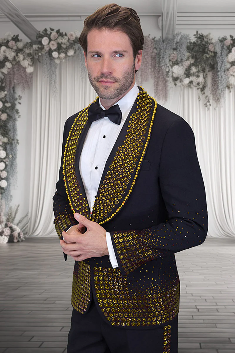 Mens Designer Gold Flower Rhinestone Studded Prom and Wedding Tuxedo in Black – SuitUSA