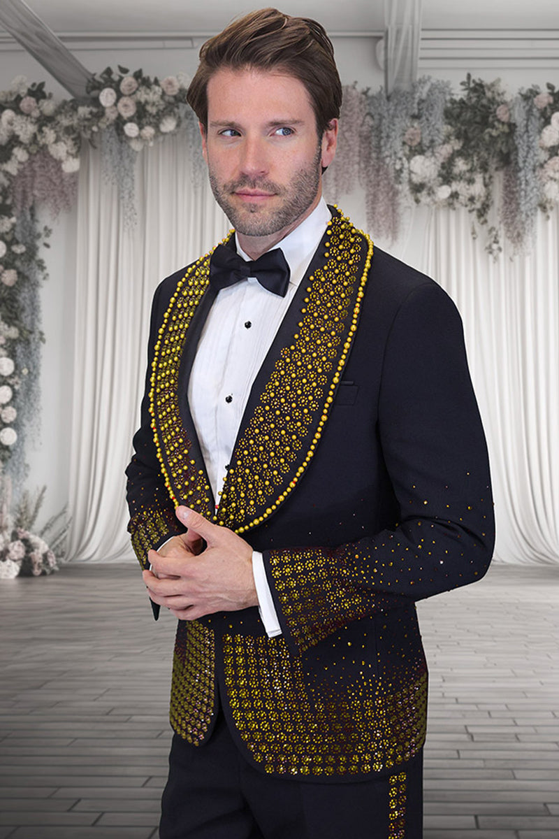 Men's Designer Gold Flower Rhinestone Studded Prom & Wedding Tuxedo in Black