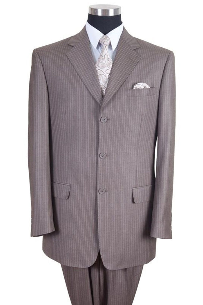 Mens Classic Fit 3 Button Banker Pinstripe Suit in Tan by Fortino Landiin