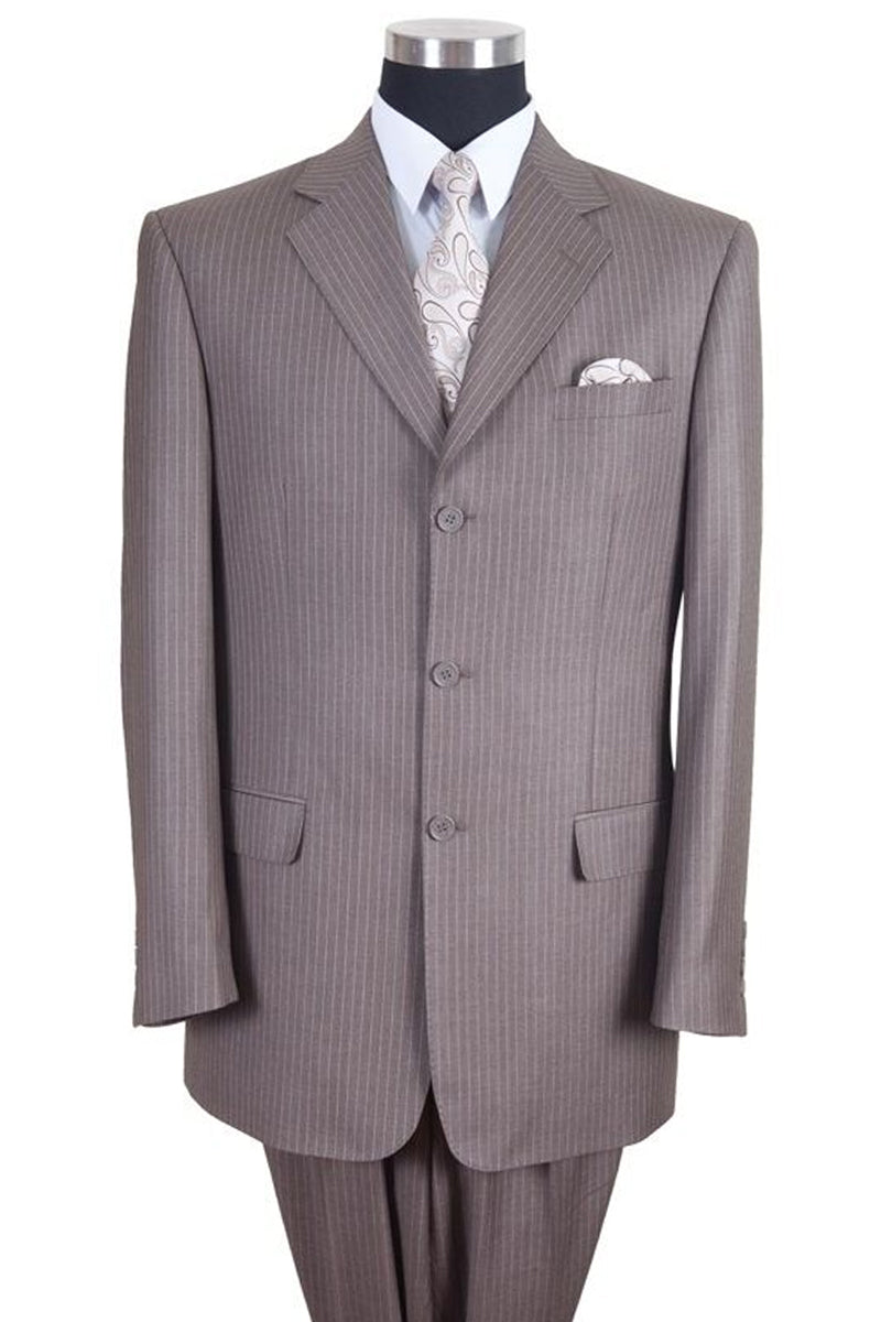 Mens Classic Fit 3 Button Banker Pinstripe Suit in Tan by Fortino Landiin
