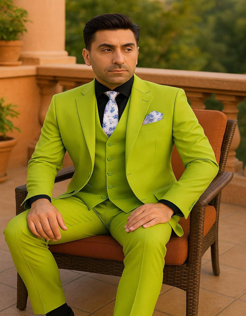 Men's Lime Green Three-Piece Suit with Floral Tie – Slim Fit Tuxedo for Weddings & Parties