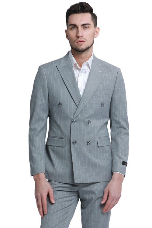 Men's Double Breasted Pinstripe Suit in Grey