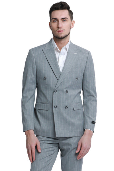 Men's Double Breasted Pinstripe Suit in Grey