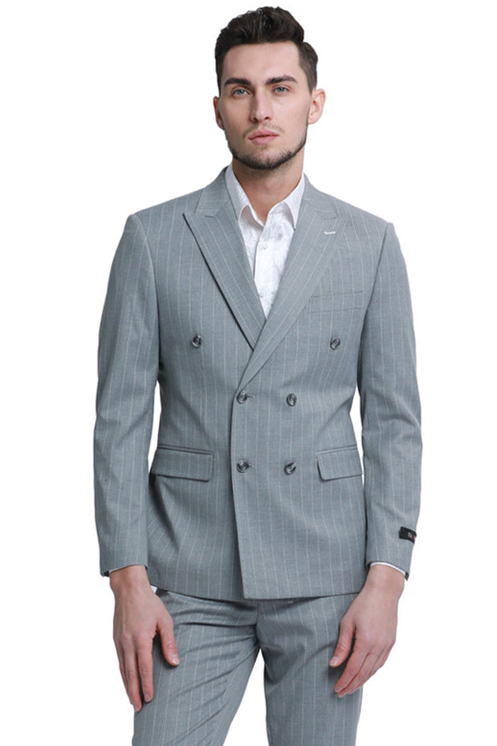 Men's Double Breasted Pinstripe Suit in Grey