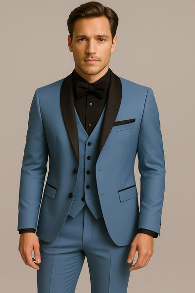 Men's Light Blue Tuxedo 3-Piece Suit with Black Shawl Lapel – Formal Wedding & Prom Attire in Steel Blue