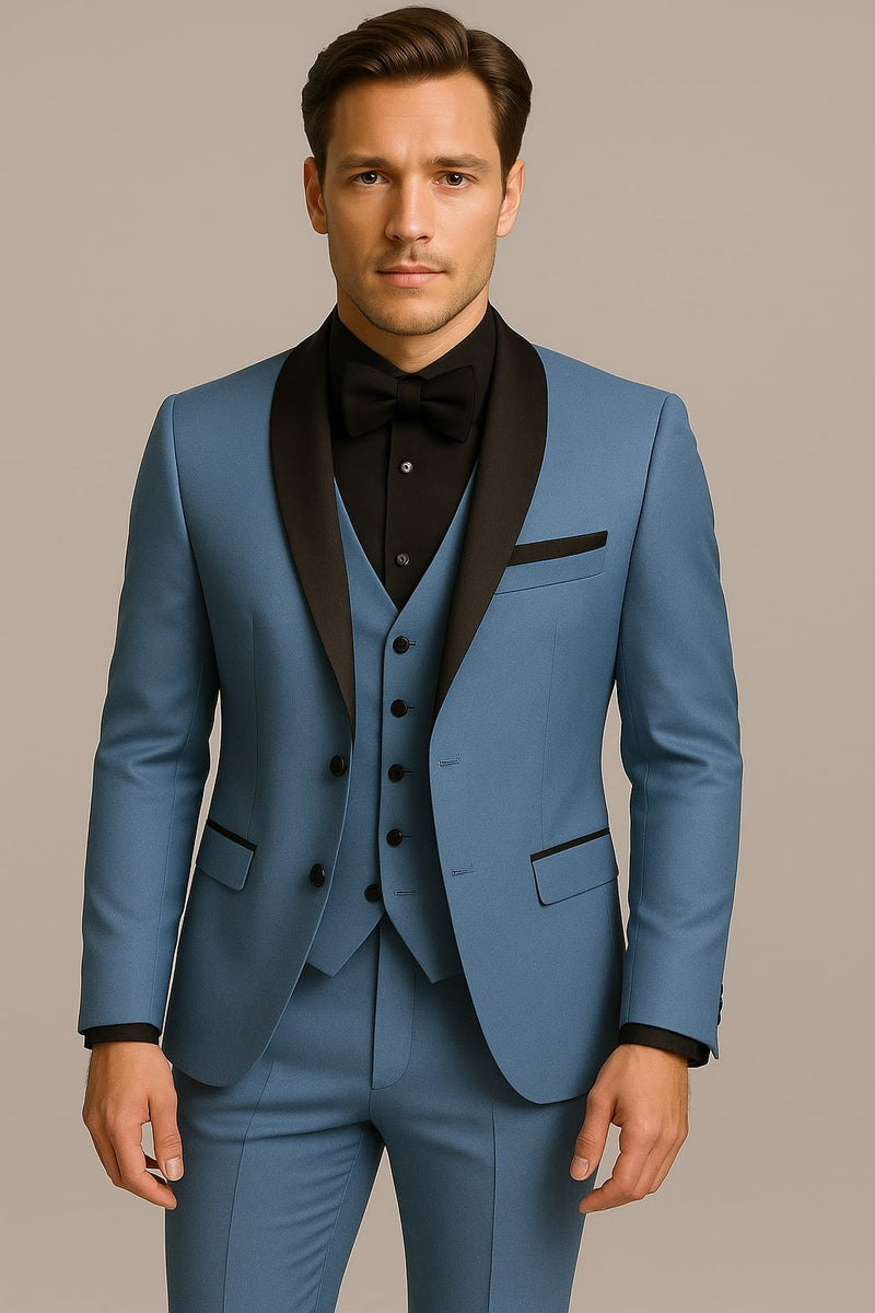 Steel Blue Tuxedo Suit with Black Shawl Lapel – 3 Piece Slim Fit Wedding & Formal Attire in Light Blue Color