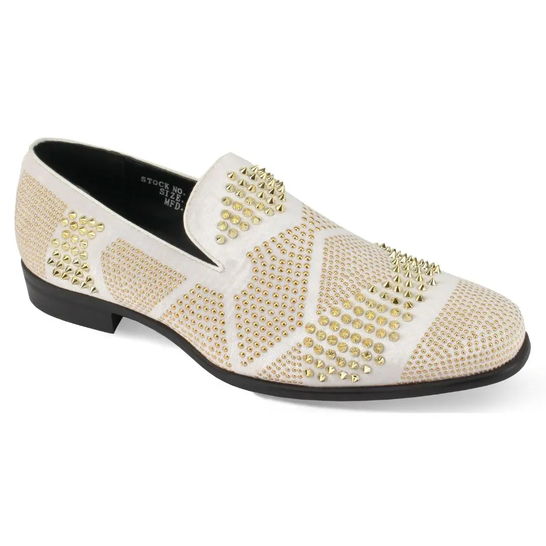 After Midnight Ozzy Velvet Studded Smoker Shoes in White / Gold #color_ White / Gold