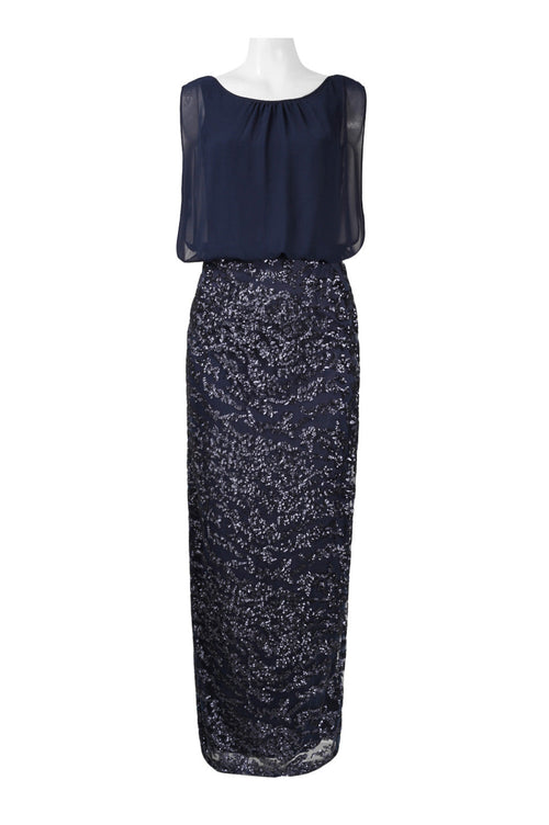 Aidan Mattox 151A10470 Overlay Sequined Long Evening Dress with Sleeveless Design and Boat Neckline