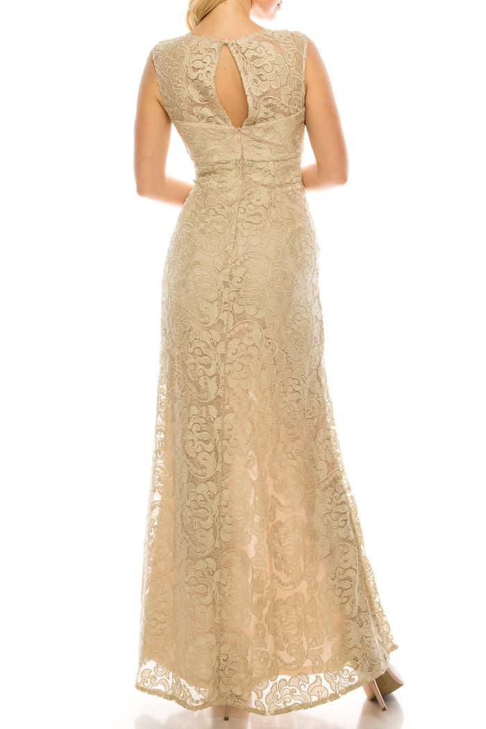 Aidan Mattox MD1E200858 Embroidered Lace Sheath Evening Dress with Cap Sleeves and V-Neckline