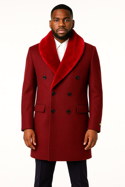 Mens Double-Breasted Burgundy Overcoat with Red Faux Fur Shawl Collar – Alberto Nardoni Winter Coat