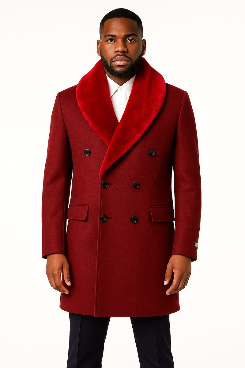 Mens Double-Breasted Burgundy Overcoat with Red Faux Fur Shawl Collar – Alberto Nardoni Winter Coat