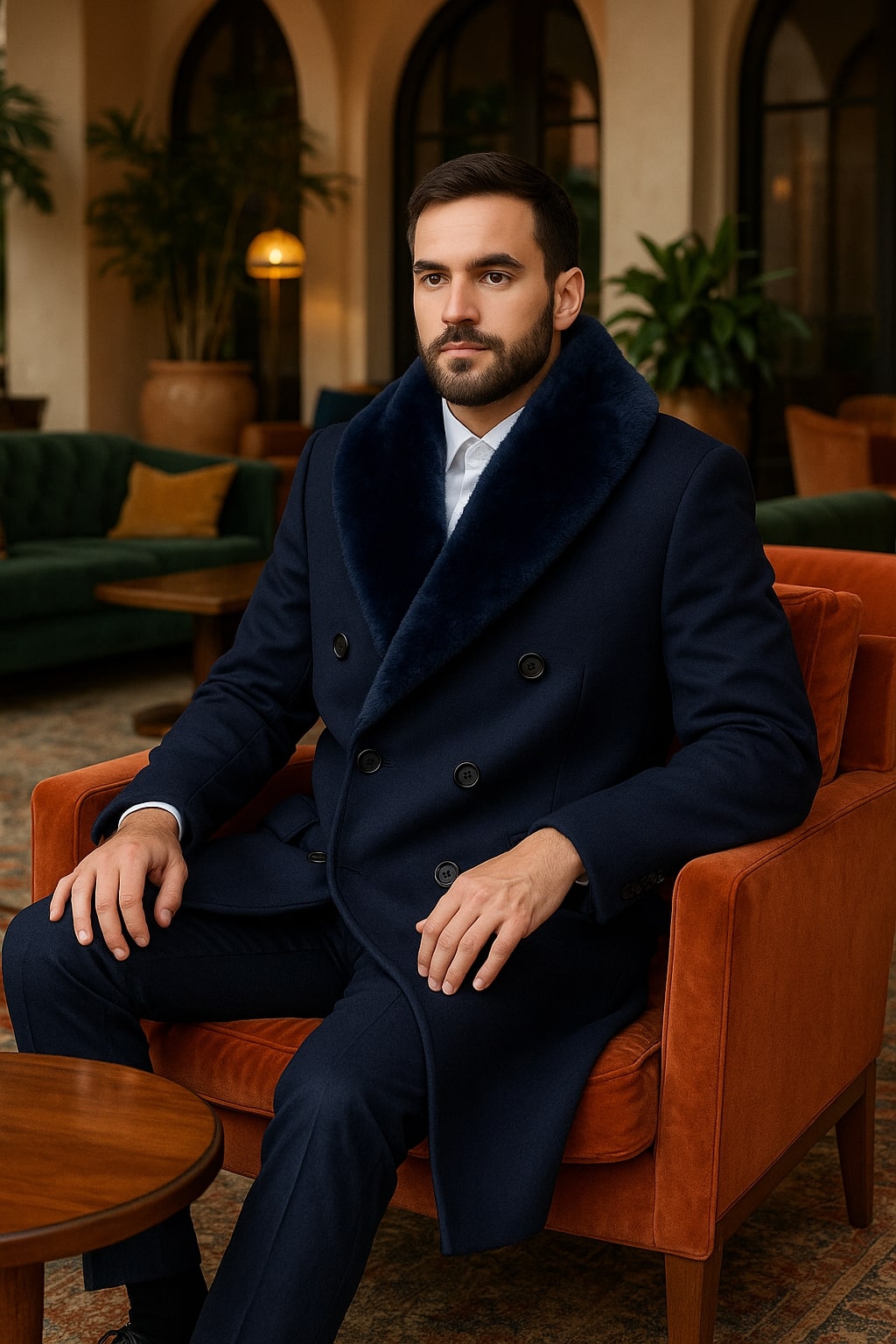 Mens Double-Breasted Navy Overcoat with Plush Blue Faux Fur Collar - Alberto Nardoni Winter Coat USA Men's Outlet