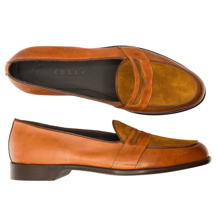 Zelli Alberto Calf and Sueded Leather Penny Loafer in Cognac
