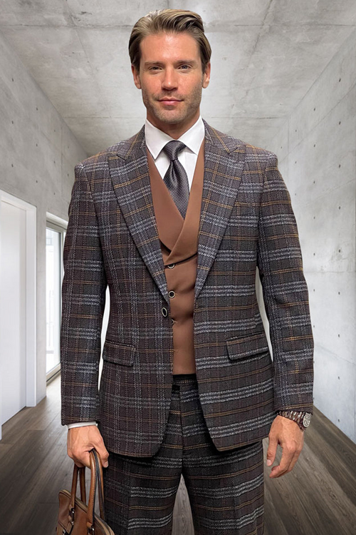 Men's Wide Peak Lapel Double Breast Vest in Brown Windowpane Plaid
