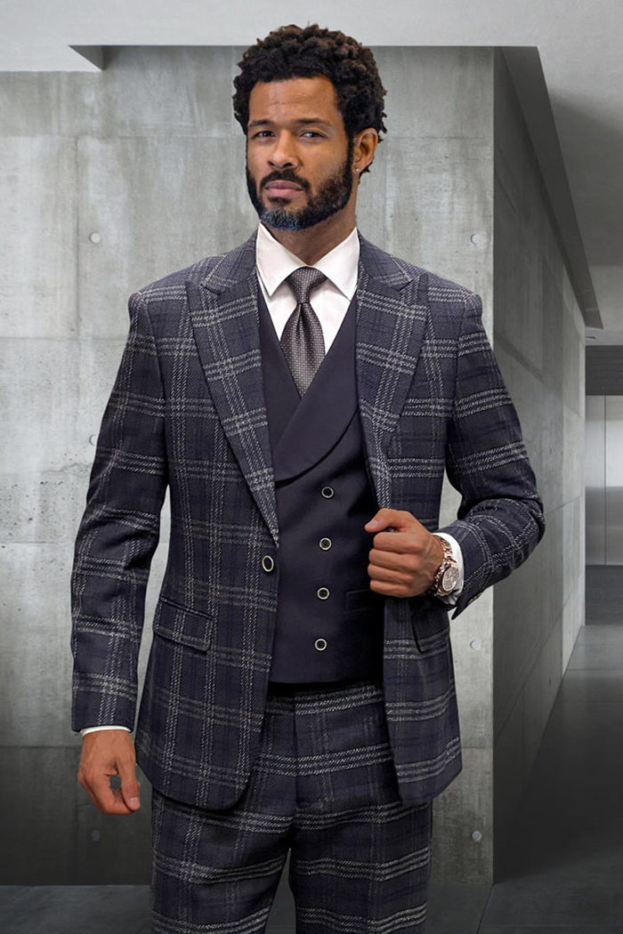 Men's Wide Peak Lapel Double Breasted Vest Suit in Eggplant