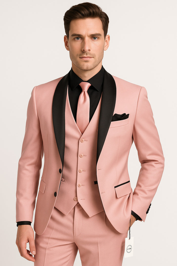 Men's Light Pink 3-Piece Tuxedo Suit with Black Satin Shawl Lapel - Formal Wear - Ultra Slim Fitted in Blush color by USA Men's Outlet