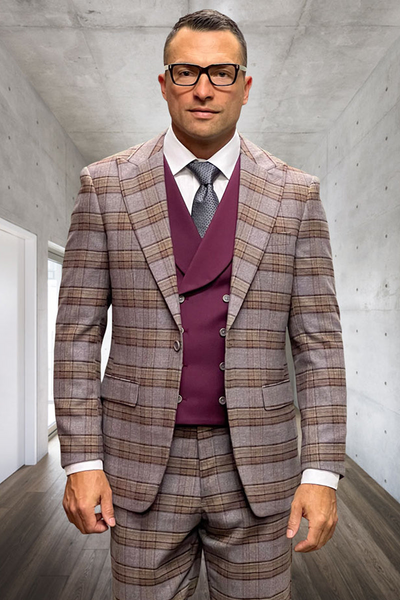 Men's Burgundy Windowpane Wool Suit