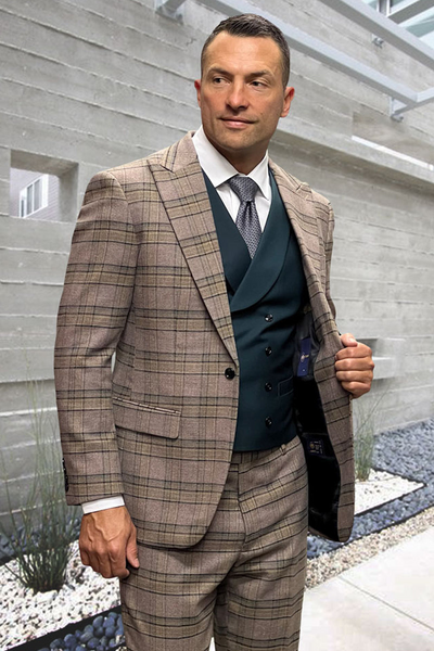 Men's Jade Green & Brown Windowpane Wool Suit