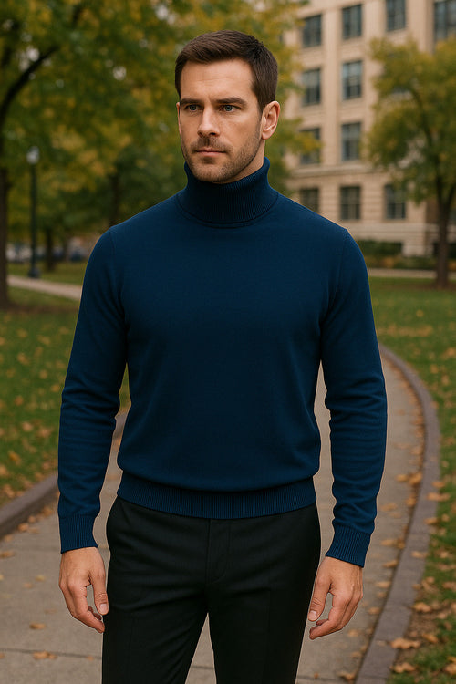 Men's Navy Blue Classic Turtleneck Sweater - Lightweight Knit Pullover by USA Men's Outlet