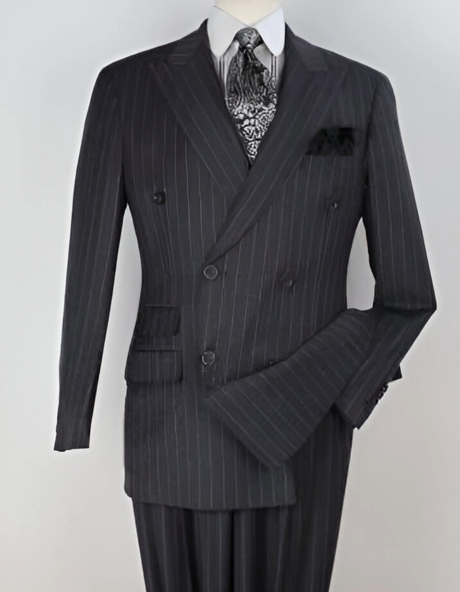 Double Breasted Suits - Vested Suits Wool Fabric - Apolo King Brand - Gray Stripe Suit USA Men's Outlet