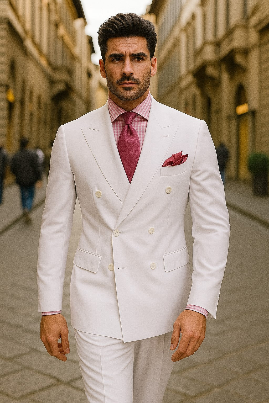 white-double-breasted-suit-on-mannequin-with-pink-gingham-shirt