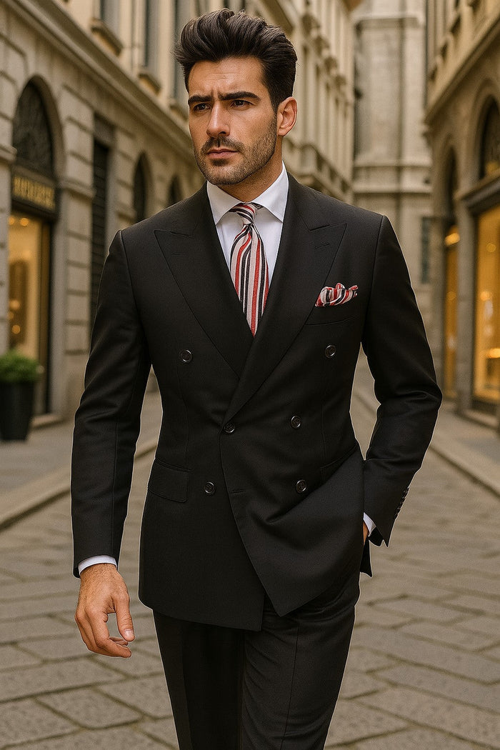 black-double-breasted-suit-on-mannequin-with-striped-tie