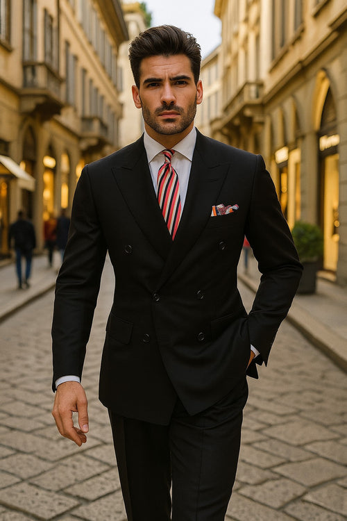 black-double-breasted-suit-with-red-white-striped-tie