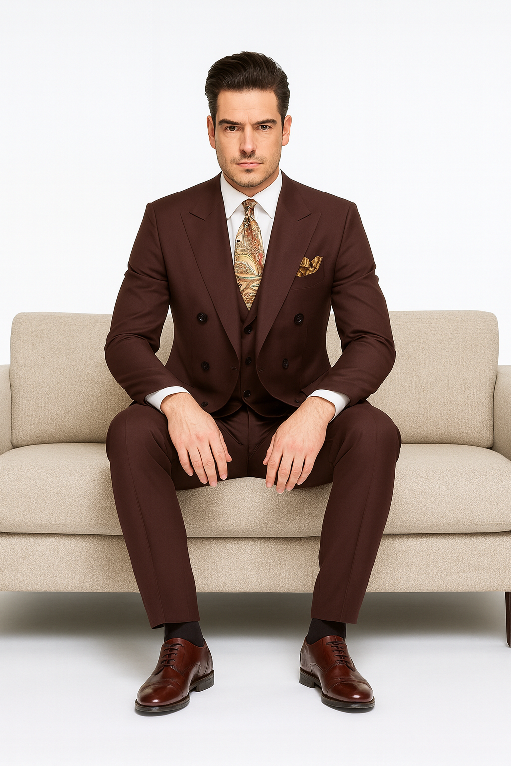 Double Breasted Suits - Vested Suits - Solid Brown Suit - Vested 3 Piece Modern Fit Suit